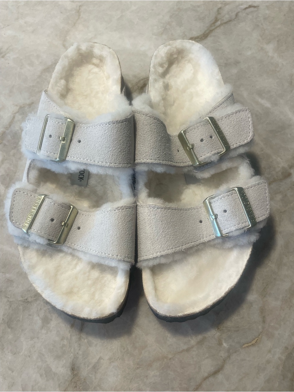 Birkenstock White Shearling Arizona Suede Double-Buckle Sandals NWOT